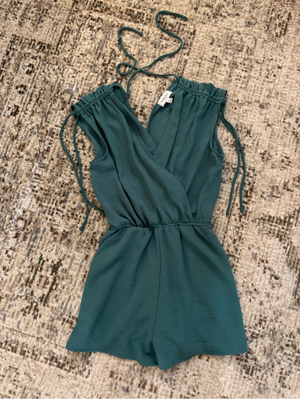 Gilli Teal Sleeveless Tie-Shoulder One-Piece Romper